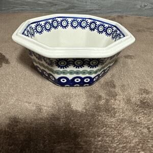 Boleslawiec Octagonal Bowl Handmade Polish Pottery Blue Peacock & Sun/floral